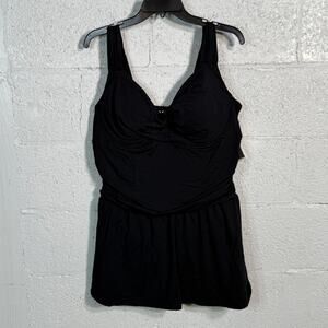 Anne Cole Plus Size Ruched Underwire Swimdress Black 18W MSRP $102